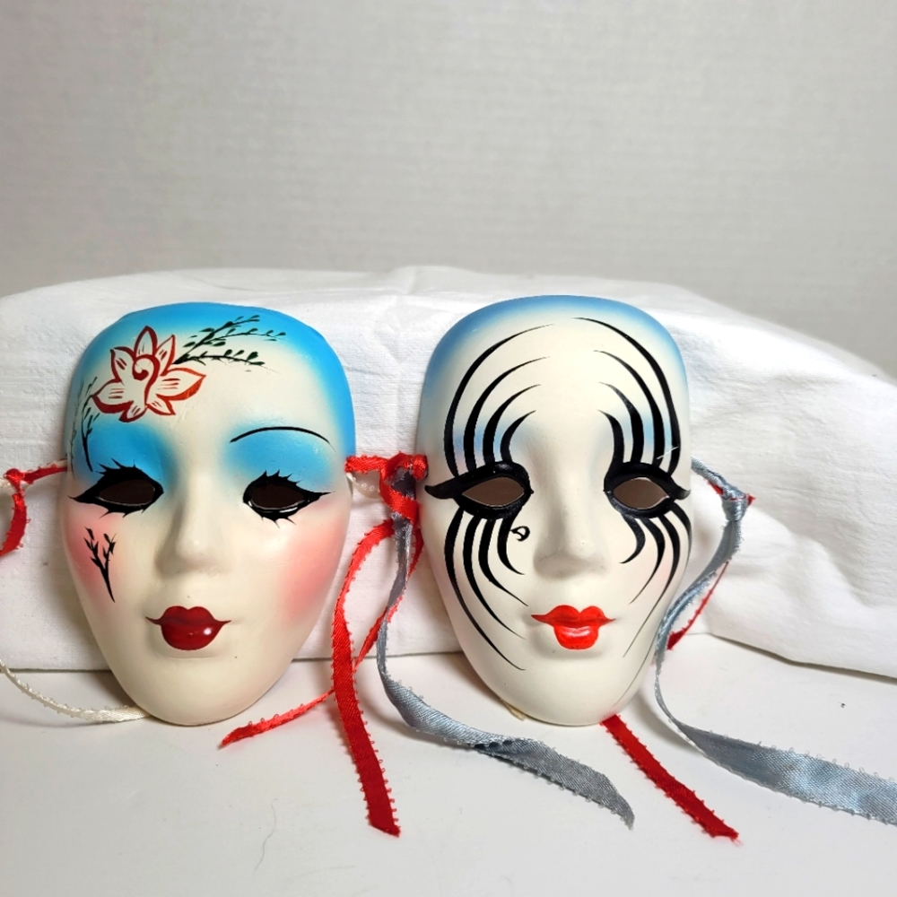 2 Vintage Hand Painted Decorative Wall Masks